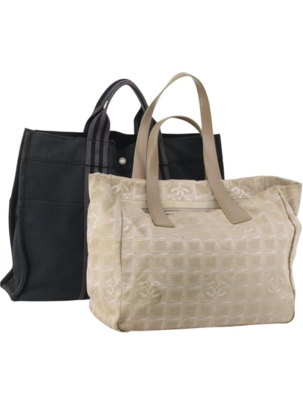 HERMES Chanel Tote Bag Canvas 2 Set Black Beige